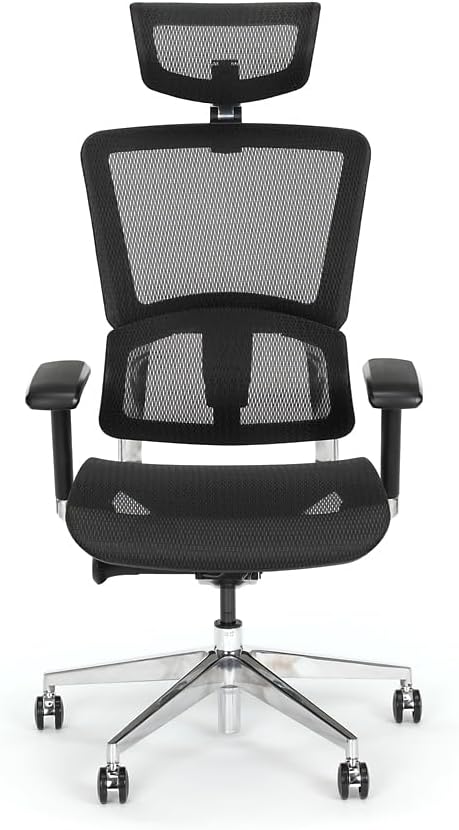NBF Ergonomic Leather Office Chair with Adjustable Armrests & Headrest Removable, Ventilated Mesh High Back Computer Chair with Seat Slider,28" D x 28" W x 36" H, Aluminum, Black
