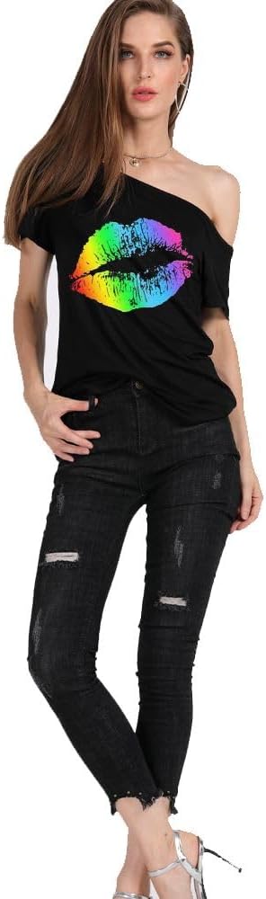 MAGICMK Women’s Short Lips Print Causal Off The Shoulder Plus Size T-Shirt Tops