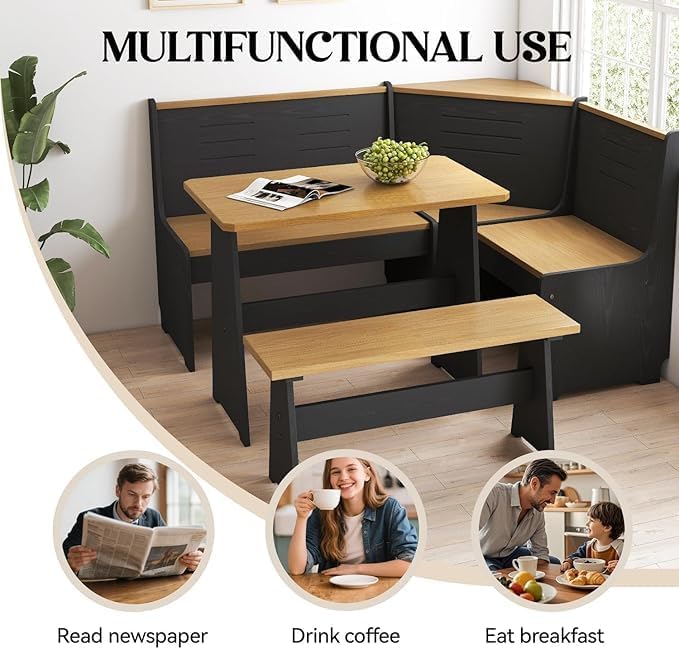 Breakfast Nook Corner Dining Table Kitchen Bench Chair Set, Space-Saving 3-5 People Seat Reversible L-Shape for Family Home Black Wood