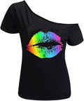 MAGICMK Women’s Short Lips Print Causal Off The Shoulder Plus Size T-Shirt Tops