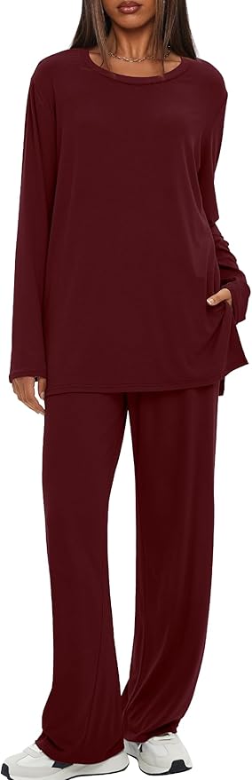 Darong Women's 2 Piece Lounge Set Casual Long Sleeve Crew Neck Tops Wide Leg Pants Travel Airport Outfit Matching Sets