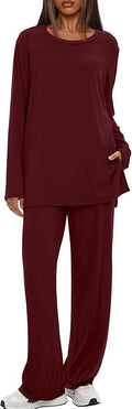 Darong Women's 2 Piece Lounge Set Casual Long Sleeve Crew Neck Tops Wide Leg Pants Travel Airport Outfit Matching Sets