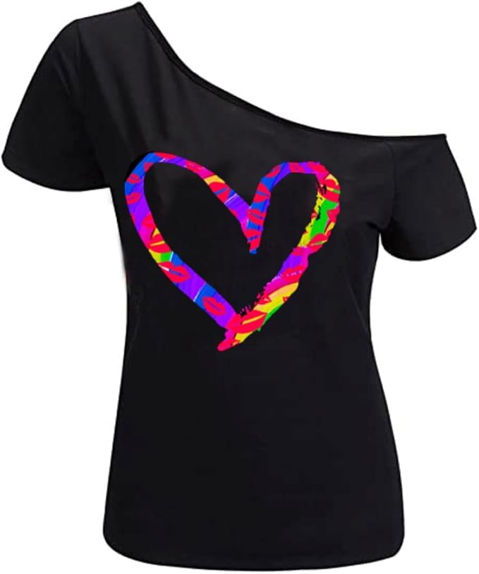 MAGICMK Women’s Short Lips Print Causal Off The Shoulder Plus Size T-Shirt Tops