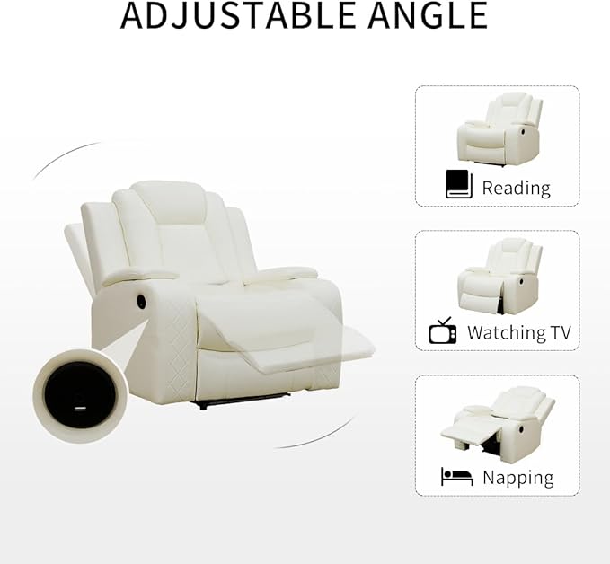 Leather Recliner Loveseat Set with LED Light, Power Leather Sectional Set, Living Room Furniture Sets 2 Seats, Modern Power Reclining Sofa Sets with Storage Console/Cup Holder for RV(Creamy White)