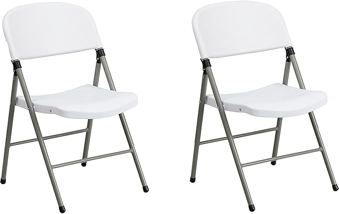 Flash Furniture HERCULES Series White Plastic Folding Chairs | Set of 2 Lightweight Folding Chairs with Gray Frame