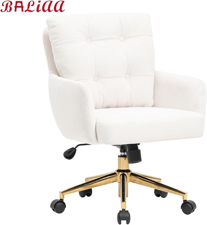 BALIAA Flannel Office Chair, Comfy Home Office Desk Chairs with Lumbar Support, Modern Velvet Desk Chair Gold Legs Small Swivel Task Chair for Home Office, Bedroom, Study (Beige, L)