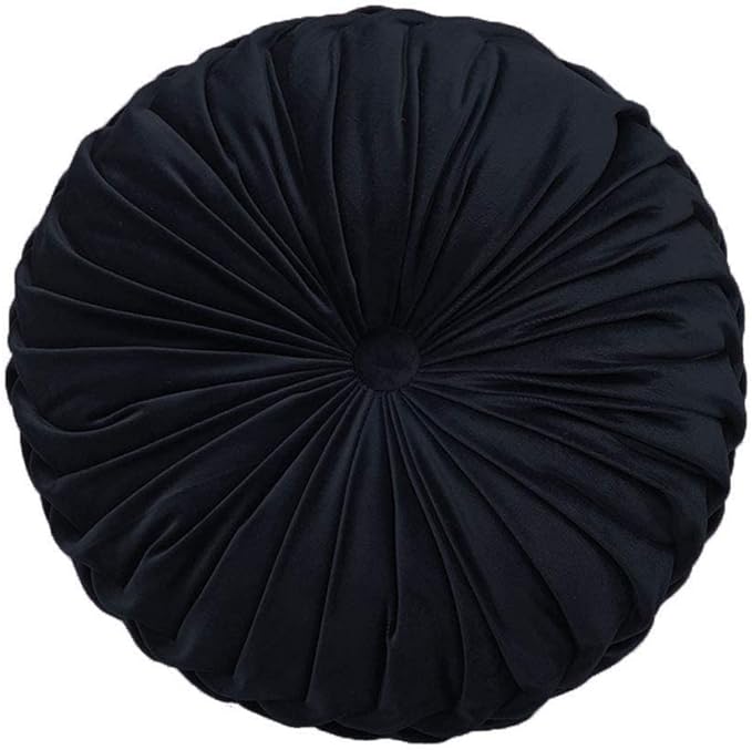 Teieas Round Throw Pillow Velvet Home Decoration Pleated Round Pillow Cushion for Couch Chair Bed Car Black