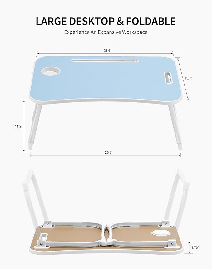 ZEAPTAC Laptop Bed Desk, Foldable Lap Desk, Portable Lap Table, Laptop Stand with Cup Holder & Tablet Slot & Lifting Handle for Working Writing Drawing & Eating - Blue