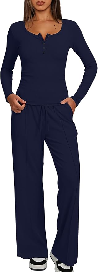 Darong Womens 2 Piece Matching Lounge Sets 2026 Long Sleeve Henley Shirts Wide Leg Pants Airport Travel Outfits