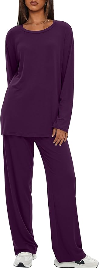Darong Women's 2 Piece Lounge Set Casual Long Sleeve Crew Neck Tops Wide Leg Pants Travel Airport Outfit Matching Sets