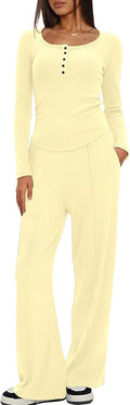 Darong Womens 2 Piece Matching Lounge Sets 2026 Long Sleeve Henley Shirts Wide Leg Pants Airport Travel Outfits