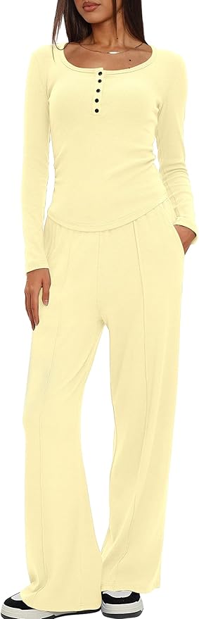 Darong Womens 2 Piece Matching Lounge Sets 2026 Long Sleeve Henley Shirts Wide Leg Pants Airport Travel Outfits