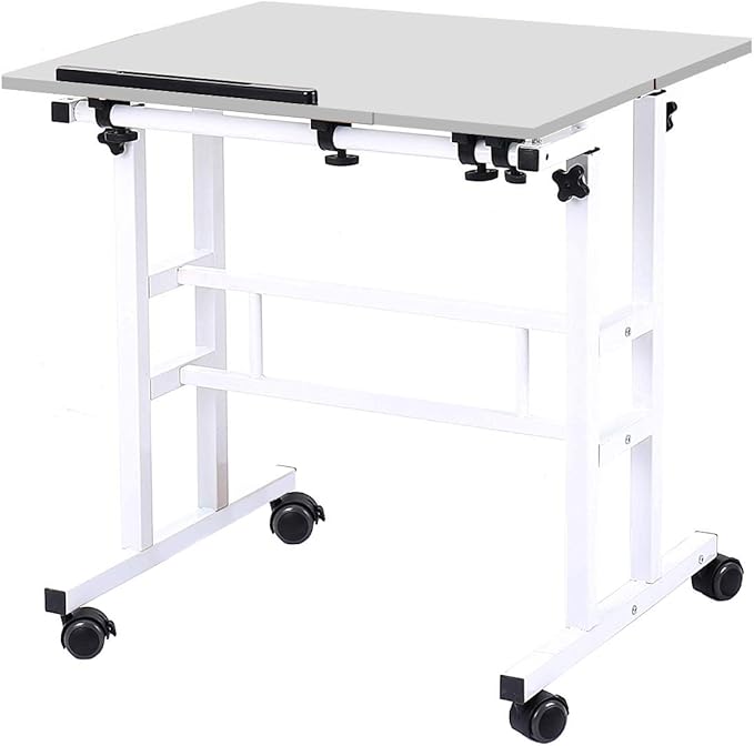 DlandHome Adjustable Rolling Sit-Stand Desk, Mobile Computer Desk Stand Up Workstation, White