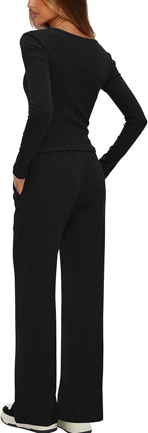 Darong Womens 2 Piece Matching Lounge Sets 2026 Long Sleeve Henley Shirts Wide Leg Pants Airport Travel Outfits