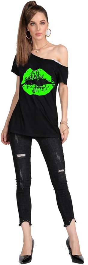 MAGICMK Women’s Short Lips Print Causal Off The Shoulder Plus Size T-Shirt Tops