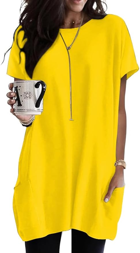 Poetsky Summer Womens Tunic Tops for Leggings with Pockets Short Sleeve Casual Long T Shirts S-3XL