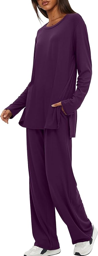 Darong Women's 2 Piece Lounge Set Casual Long Sleeve Crew Neck Tops Wide Leg Pants Travel Airport Outfit Matching Sets