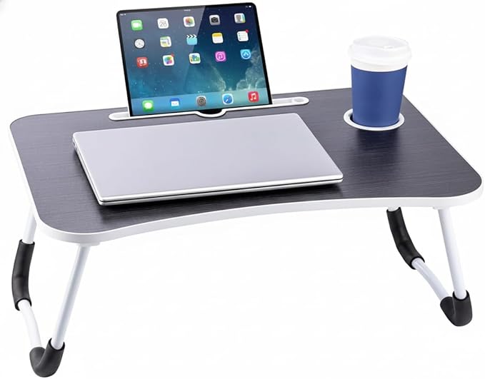 24x12in Laptop Bed Table, Foldable Lap Desk with Cup Holder & Tablet Slot, Portable Ergonomic Bed Tray for Work & Study (Black)