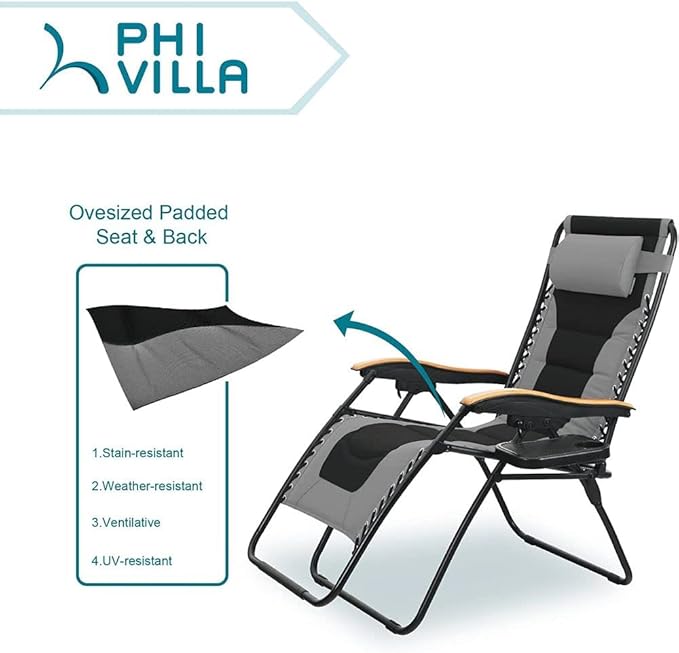 PHI VILLA XXL Oversized Padded Zero Gravity Chair, Foldable Patio Recliner, 30" Wide Seat Anti Gravity Lounger with Cup Holder, Support 400 LBS (Gray)