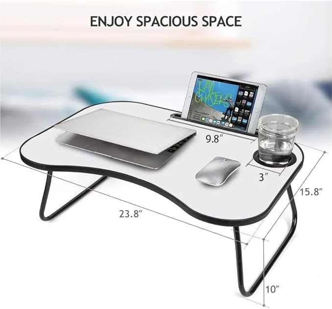 Laptop Bed Desk, Foldable Wooden Lap Desk with Cup Holder & Tablet Slot, Portable Lap Table & Bed Tray Table for Eating & Lap Desk Food Tray & Working on Couch, Sofa & Bed, 23.8 x 15.8 in