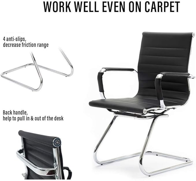 DM Furniture Black Office Desk Chair No Wheels Set of 6 PU Leather Computer Chairs Mid Back Guest Chairs for School Reception Conference Waiting Room, Black