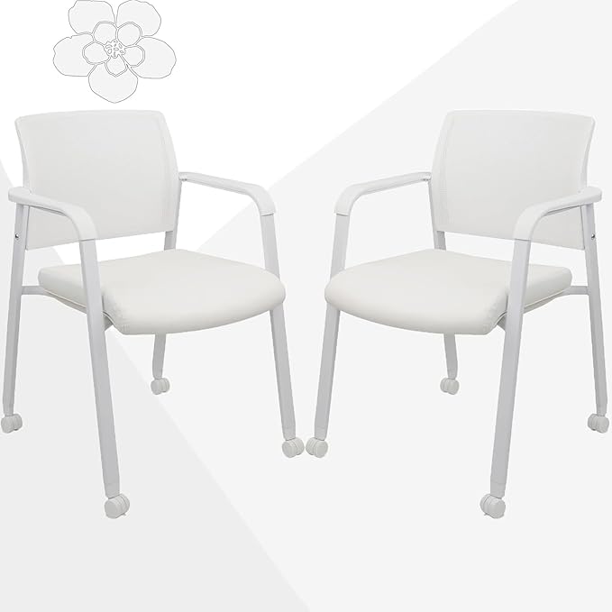 CLATINA Rolling Conference Chairs, 2 Pack Stackable Chairs with Wheels and Paddle, Ergonomic Mesh Back and Arms for Meeting, Conference, Training Room & Home Office (White)