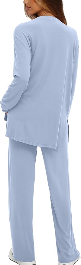 Darong Women's 2 Piece Lounge Set Casual Long Sleeve Crew Neck Tops Wide Leg Pants Travel Airport Outfit Matching Sets
