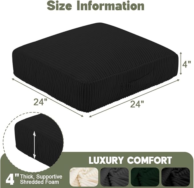 PRIMEPATIO Floor Pillow for Adults, 4" Square Floor Cushions with Washable Cover, Large Corduroy Meditation Pillow, 24 inches Tatami Seat with Handle for Living Room or Yoga, Black