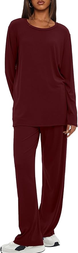Darong Women's 2 Piece Lounge Set Casual Long Sleeve Crew Neck Tops Wide Leg Pants Travel Airport Outfit Matching Sets