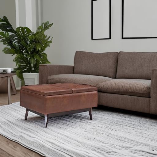 SIMPLIHOME Owen Tray Top Small Coffee Table Storage Ottoman - 34 inch Wide Upholstered Vegan Leather Rectangular Flip-Top Ottoman in Distressed Saddle Brown, Mid-Century Modern Ottoman for Living Room