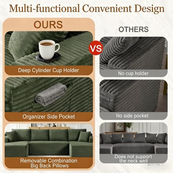 134" Modular Cloud Sectional Sleeper Sofa Couch for Living Room, U Shaped 6 Seat Sofa with 2 Storage Pockets, 2 Pillows & 2 Cup Holders, No Assembly Required (Green)