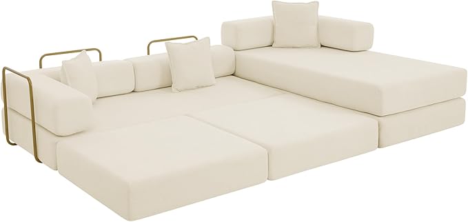 108" Convertible Sleeper Sofa Bed, Corduroy Folding Sofa Bed with Fixed-Shape Frame, Fold Out Floor Mattress Couch, Lazy Compression Sofas for Living Room, Bedroom, No Assembly Required,Beige