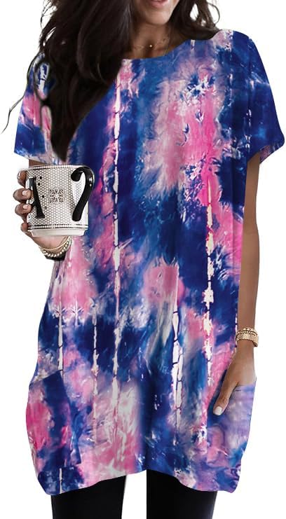 Poetsky Summer Womens Tunic Tops for Leggings with Pockets Short Sleeve Casual Long T Shirts S-3XL