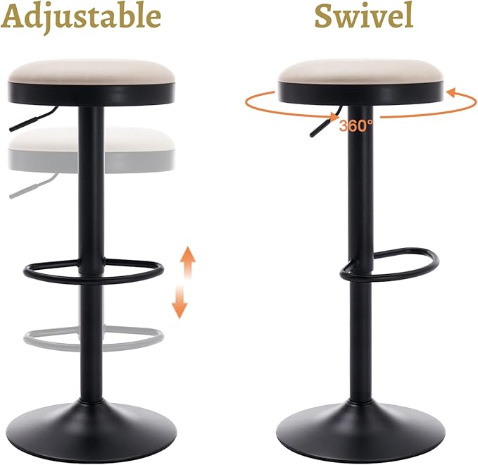 EALSON Modern Swivel Bar Stools Set of 6 Adjustable Counter Height Backless Barstools with Metal Base Leather Upholstered Round Bar Stool Chairs for Kitchen Island/Pub/Breakfast Bar, Beige