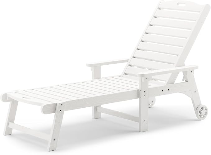 LUE BONA Outdoor Chaise Lounge, HDPS Chaise Lounger, 5 Positions Adjustable Lounge Chairs, Pool Lounge Chair with Wheels for Poolside, Backyard, White