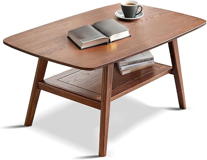 100% Solid Wood Coffee Table with Storage Shelf, 2-Tier Wooden Center Table for Living Room, Farmhouse Rustic Rectangle Table, Easy Assembly,31.49 Inch