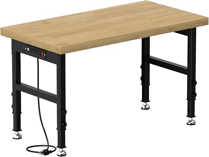 48" Heavy-Duty Solid Work Bench with Power Outlets, Adjustable Height Workbench with Rubber Pad, 2000 LBS Capacity Work Table for Garage, Workshop, Office, Home