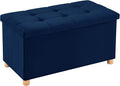 30 Inches Folding Storage Ottoman Bench, Velvet Storage Chest, Footrest Couch with Wooden Legs, Support 350lbs for Bedroom, Living Room, Hallway, Navy Blue
