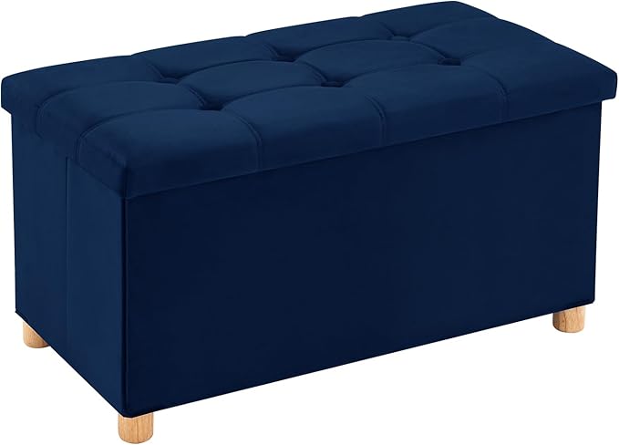 30 Inches Folding Storage Ottoman Bench, Velvet Storage Chest, Footrest Couch with Wooden Legs, Support 350lbs for Bedroom, Living Room, Hallway, Navy Blue