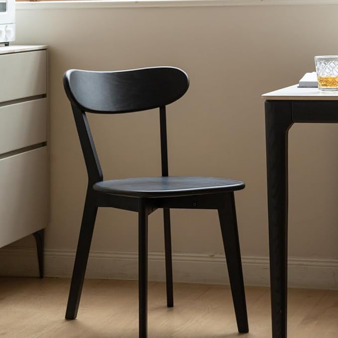 100% Solid Oak Dining Chairs, Mid Century Modern Dining Chair with Curved Backrest, Made in North America Dirt-Free Fas-Grade Wood Chair Dining Chairs for Kitchen, Study, Living Room (Black)