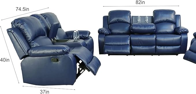 AYCP Bonded Leather Living Room Furniture Set Reclining Sofa Set Loveseat Furniture Sets in Living Room Sofa Recliners (Sofa+Loveseat, Blue)