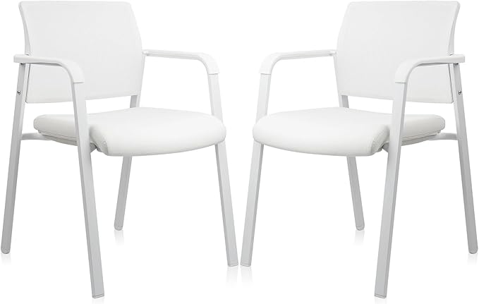 CLATINA Mesh Back Stacking Arm Chairs, Office Reception Guest Chair, Desk Chair No Wheels Ergonomic Lumbar Support and Thickened Seat Cushion for Waiting Conference Room White(2 Pack)