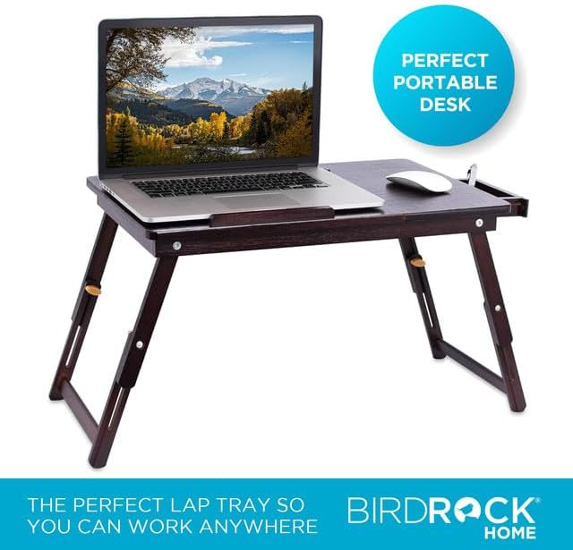 Sofia + Sam Bamboo Laptop Lap Tray with Adjustable Legs | Foldable Breakfast Serving Bed Tray | Lap Desk with Tilting Top and Side Drawer | Laptop Stand | Walnut