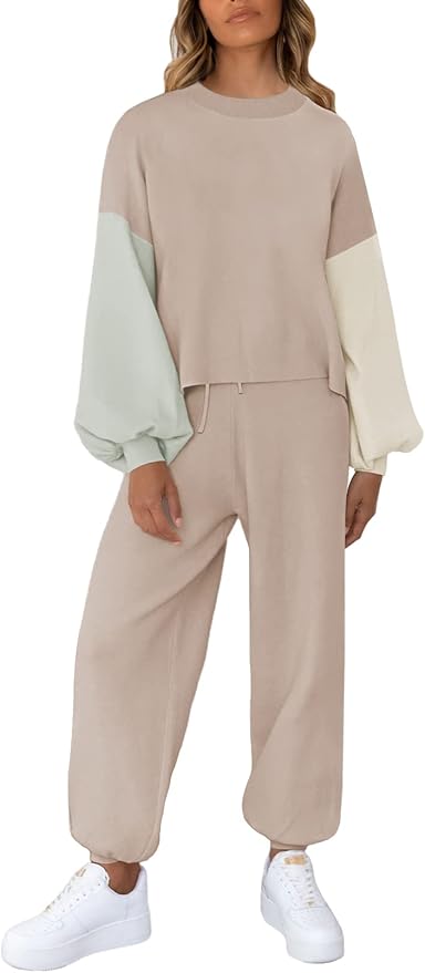 Viottiset Women's 2 Piece Outfits Sweatsuit Casual Knit Pullover Sweater Pajamas Lounge Set