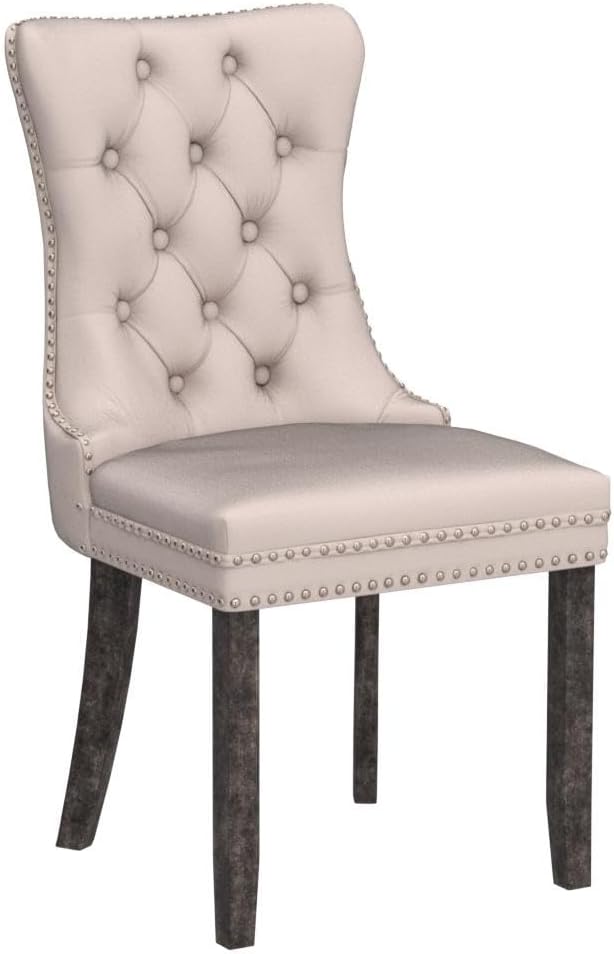 Kiztir Velvet Dining Chairs Set of 6, Upholstered Dining Room Chairs with Ring Pull Trim and Nailhead Trim, Luxury Tufted Dining Chairs for Living Room, Bedroom, Kitchen (Beige)