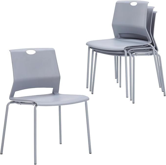Grey Stackable Chairs Set of 4, Modern Office Guest Chair Wide Seat, Stackable Dining Chairs, Plastic Chair for Conference Room, Living Room, Waiting Area, Classroom.…