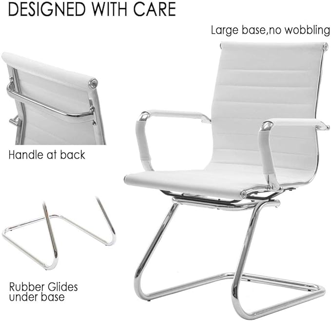 DM Furniture White Office Desk Chair No Wheels Set of 4 PU Leather Computer Chairs Mid Back Guest Chairs for School Reception Conference Waiting Room, White
