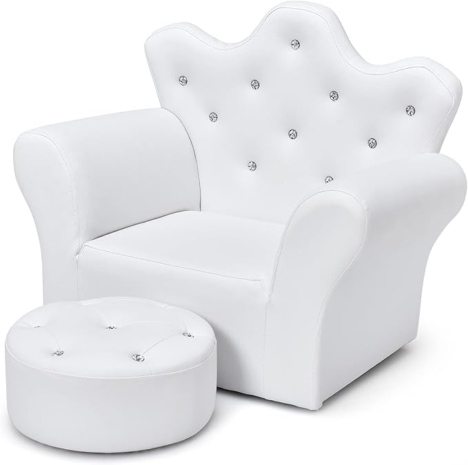 HONEY JOY Kids Sofa, Children Princess Upholstered Couch Armrest Chair with Ottoman, PVC Leather & Embedded Crystal, Toddler Bedroom Furniture for Baby Girl (White Crown Shape with Footstool)