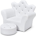 HONEY JOY Kids Sofa, Children Princess Upholstered Couch Armrest Chair with Ottoman, PVC Leather & Embedded Crystal, Toddler Bedroom Furniture for Baby Girl (White Crown Shape with Footstool)