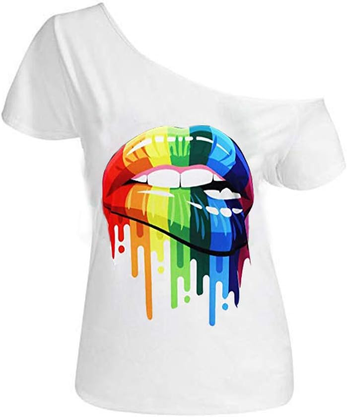 MAGICMK Women’s Short Lips Print Causal Off The Shoulder Plus Size T-Shirt Tops